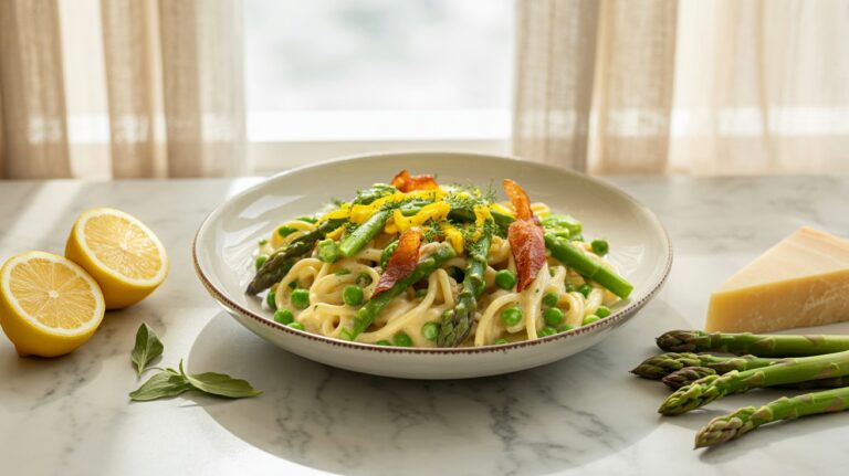 Spring Pasta with Asparagus, Peas & Prosciutto